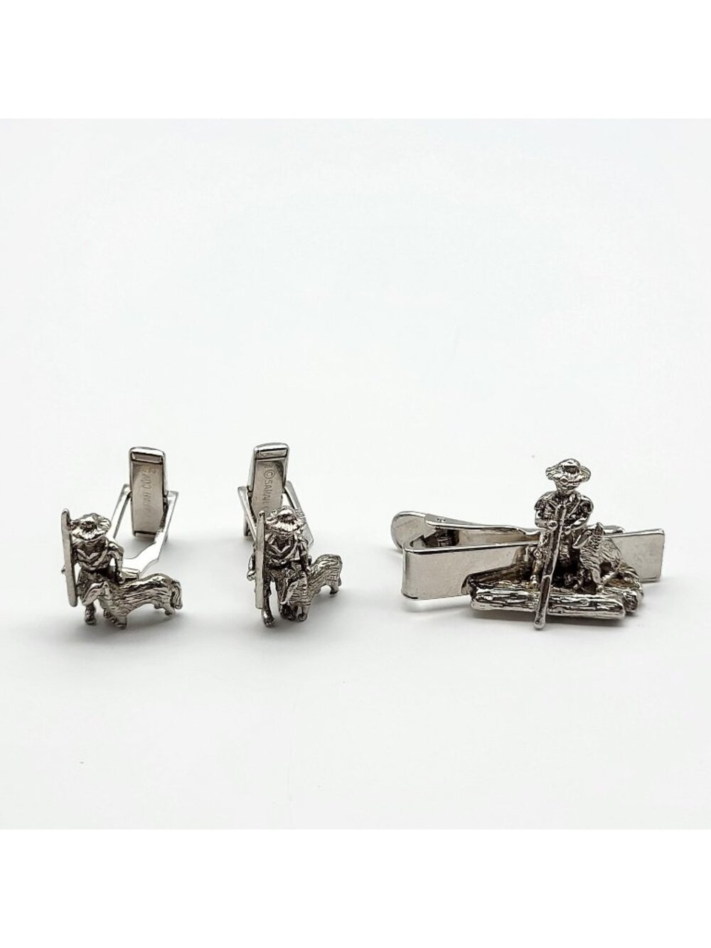 VTG Sarah Coventry Cufflink Tie Clip set Silver Tone Figural Hunter Boy Bird Dog
